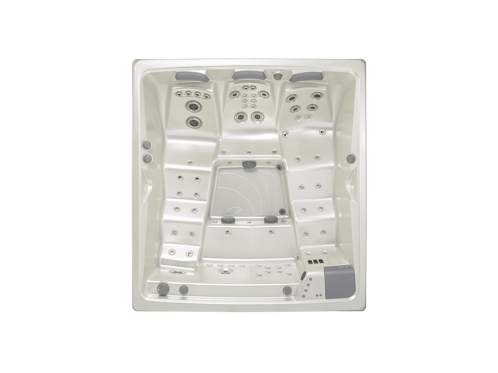 Von-oben-Ansicht auf einen Premium-Whirlpool von USSPA mit mehreren Hydrotherapie-Jets, ergonomischen Sitzbereichen und modernen Steuerelementen – ideal für private Entspannung und Gesundheit.
