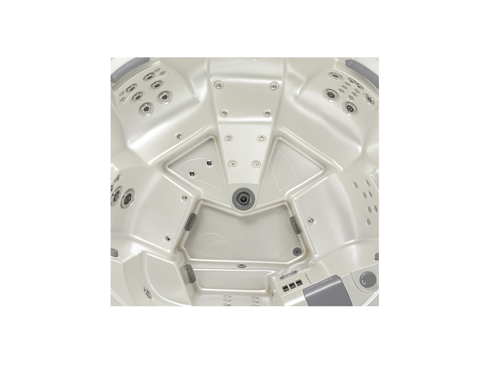 Topansicht des Innenraums eines Premium-Whirlpools von USSPA mit detailliertem Jet-System und integrierten Steuerungselementen – ideal für private Entspannung und Hydrotherapie.