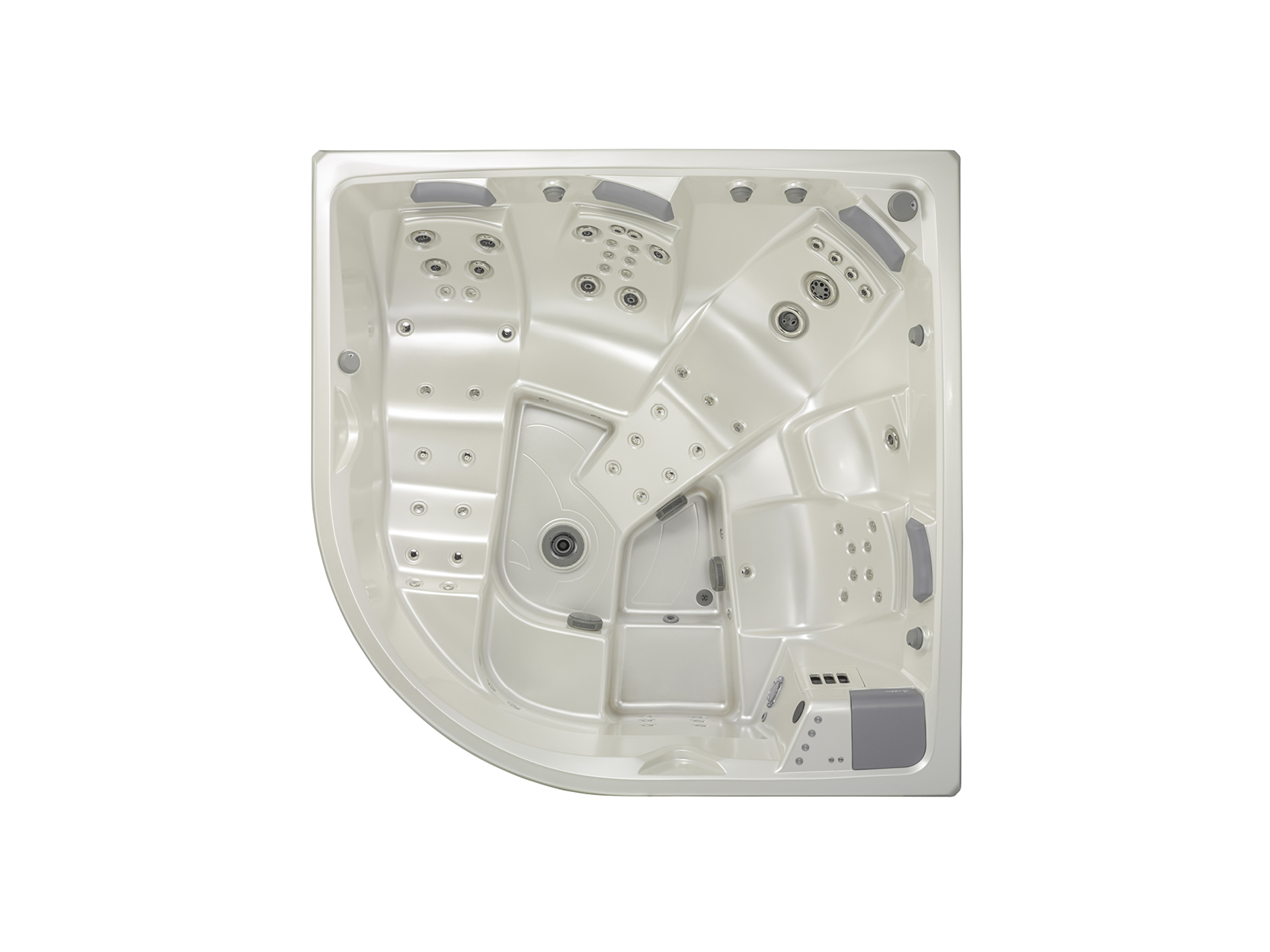 Top-Ansicht eines modernen weißen USSPA Premium-Whirlpools mit zahlreichen Hydrotherapie-Düsen, ergonomischen Sitzen und elegantem Design.