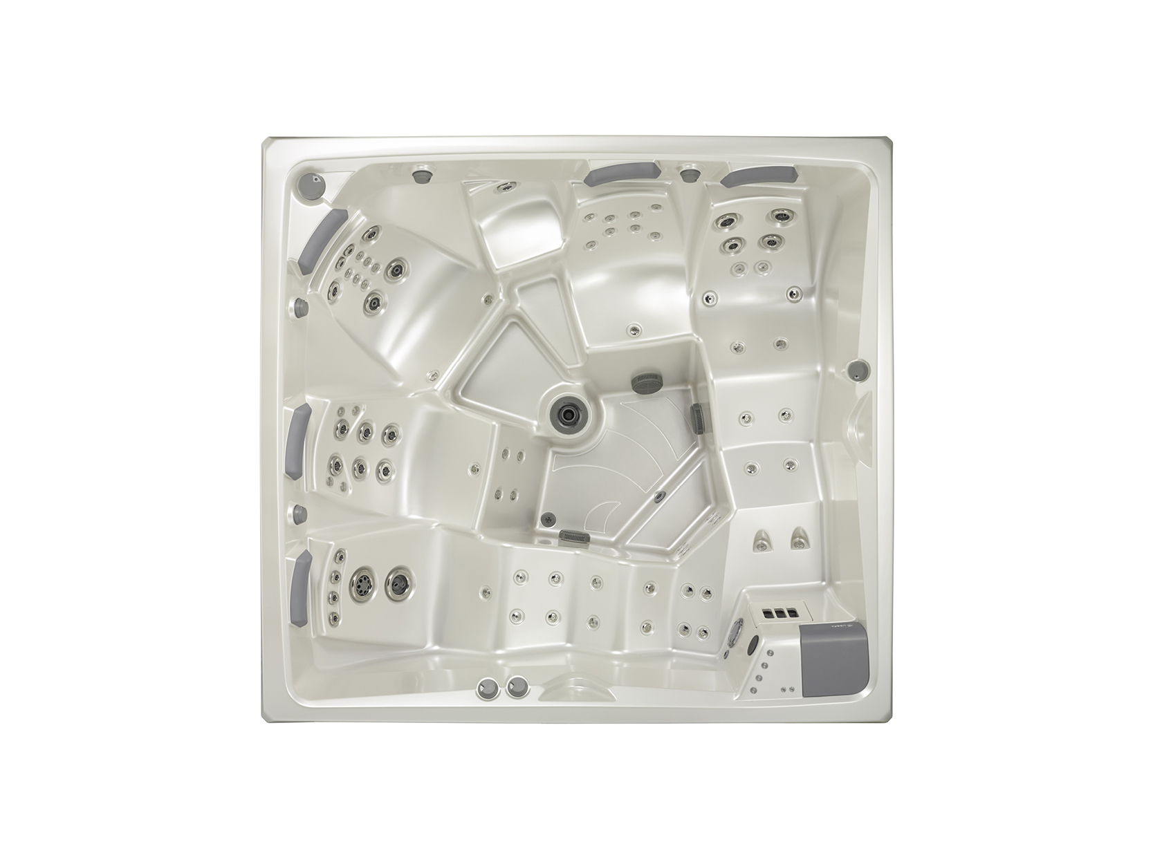 Topansicht eines modernen, weißen Premium-Whirlpools von USSPA mit mehreren Düsen, ergonomischen Sitzplätzen und einem integrierten Bedienpanel – ideal für private Entspannung und Hydrotherapie.