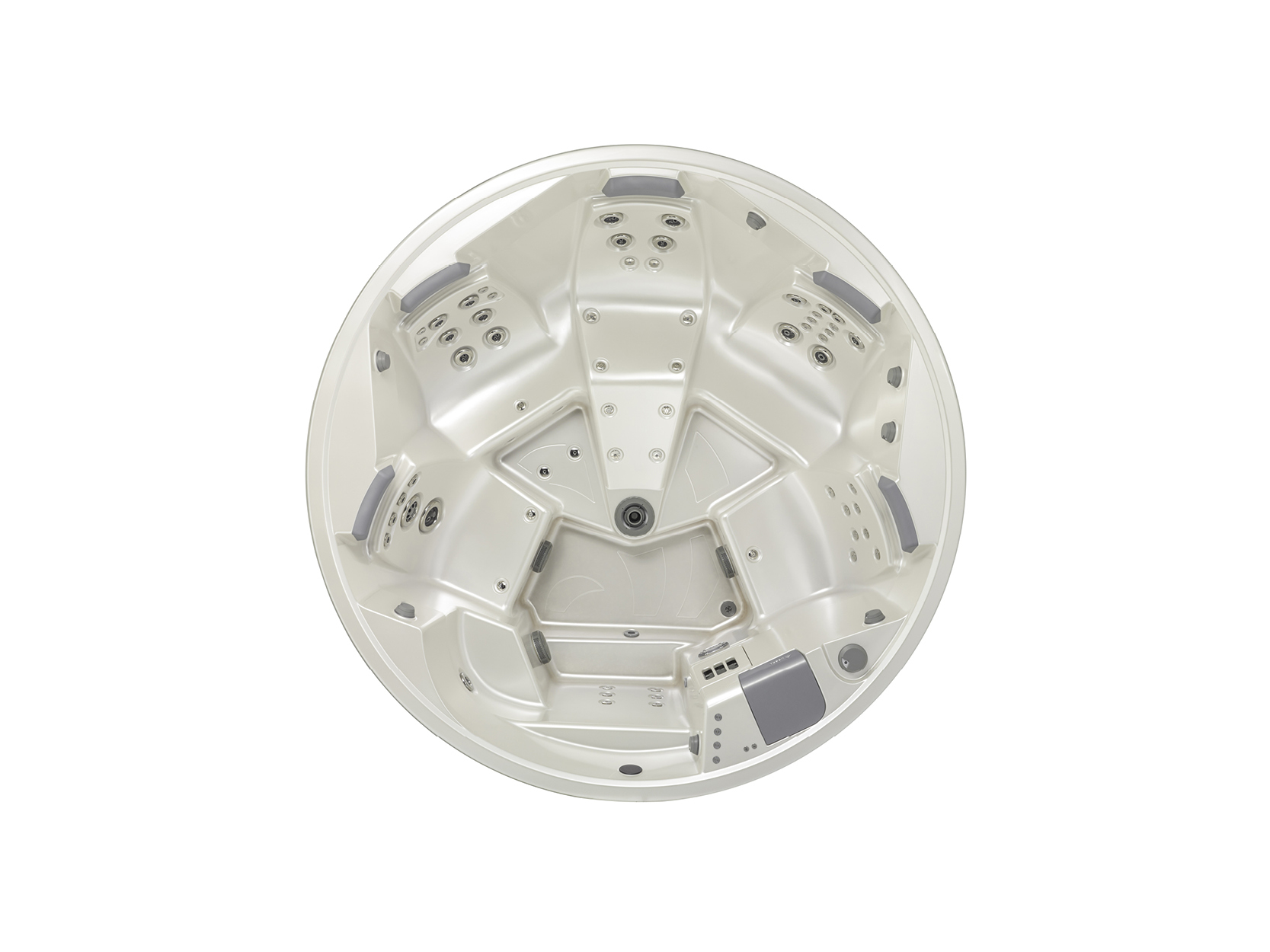 Runder USSPA® Premium-Whirlpool mit ergonomischen Sitzbereichen, vielfältigen Hydrotherapie-Düsen und integrierter Steuerung – für individuelles Wellness und Entspannung.